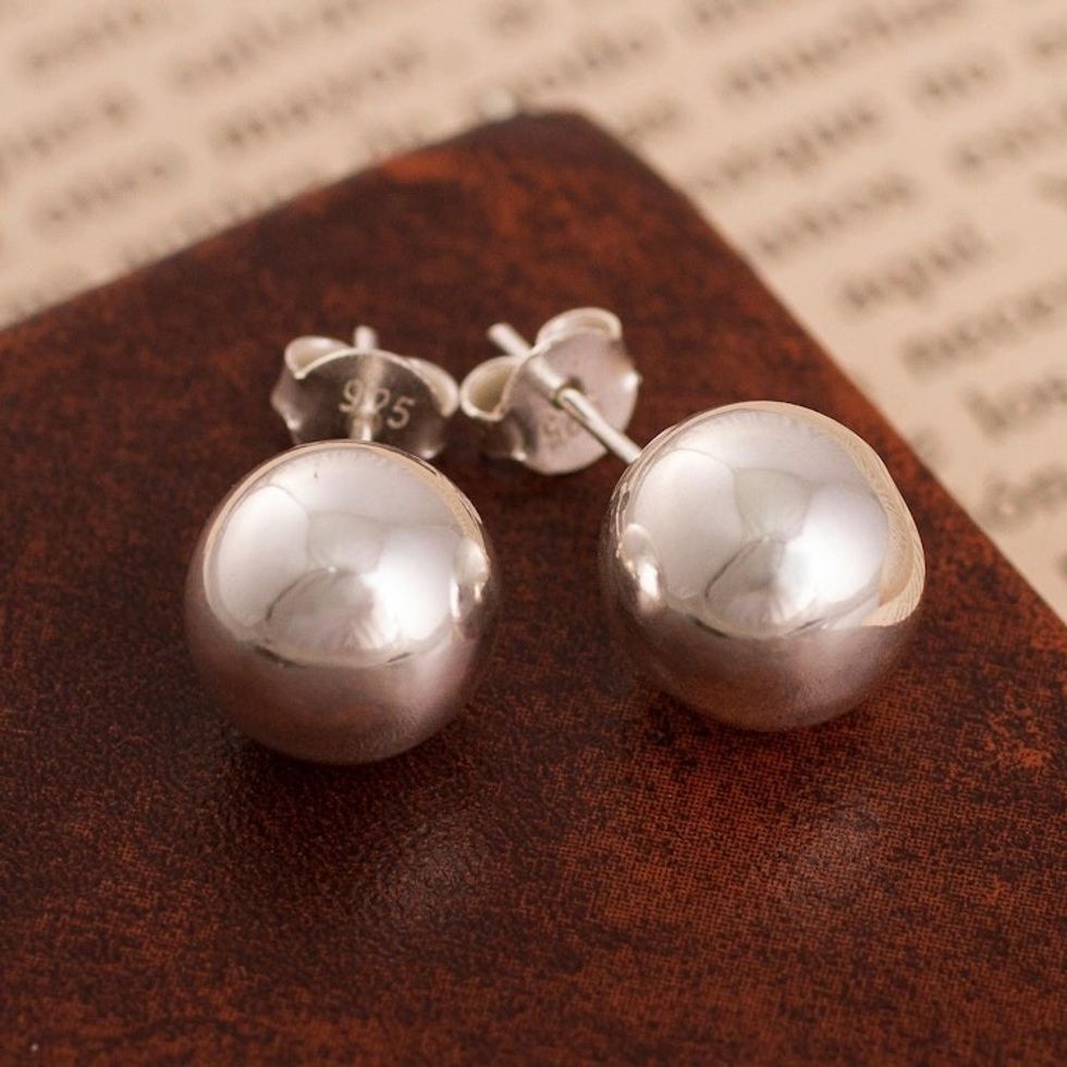 Round Sterling Silver Stud Earrings Crafted in Peru 'Gleaming Orbs'