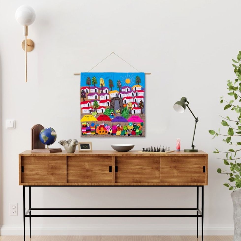 Hand Made Cotton Arpillera Wall Hanging of Peruvian Market 'Market Splendor'