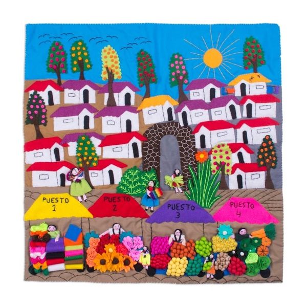 Alternate image for Hand Made Cotton Arpillera Wall Hanging of Peruvian Market Market Splendor