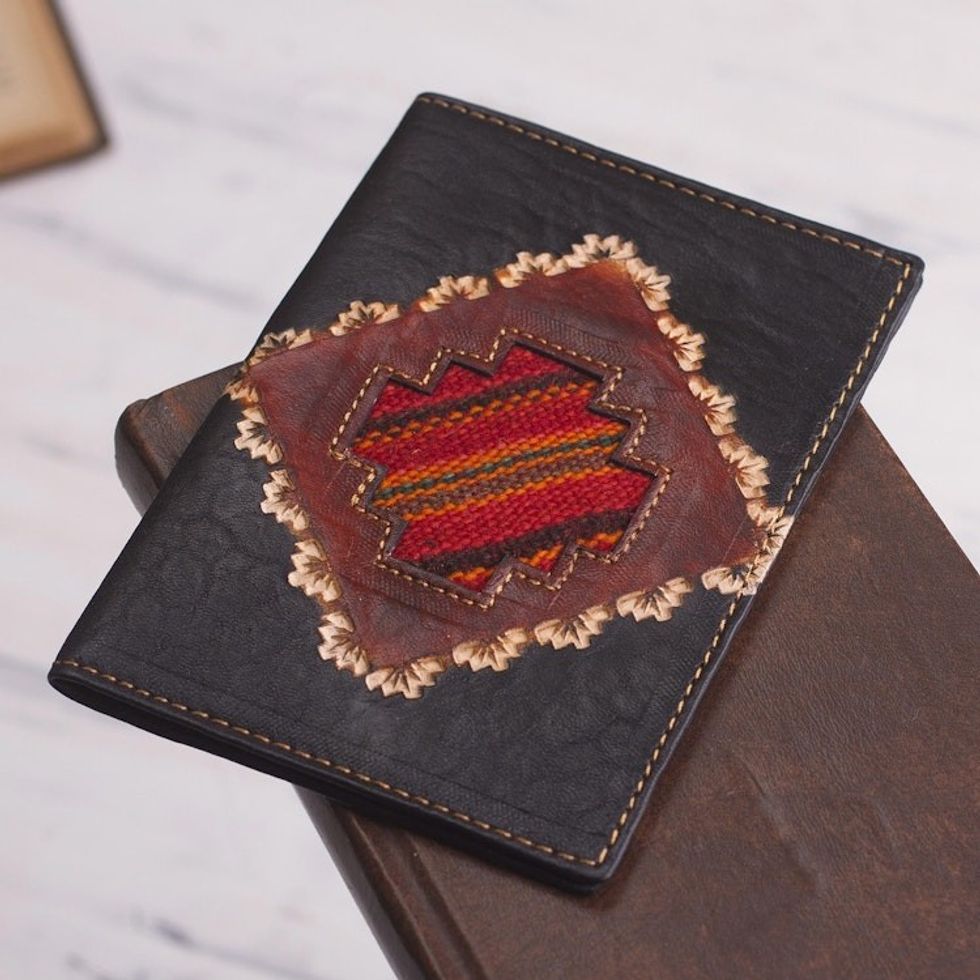 Dark Brown Leather Passport Cover with Incan Cross Design 'Inca Traveler'