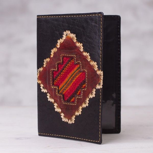 Alternate image for Dark Brown Leather Passport Cover with Incan Cross Design Inca Traveler