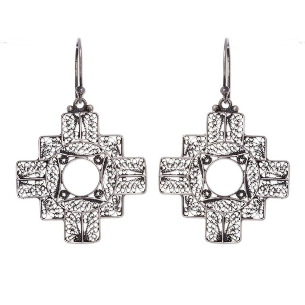 Handcrafted Fine Silver Peruvian Filigree Earrings 'Astral Cross'