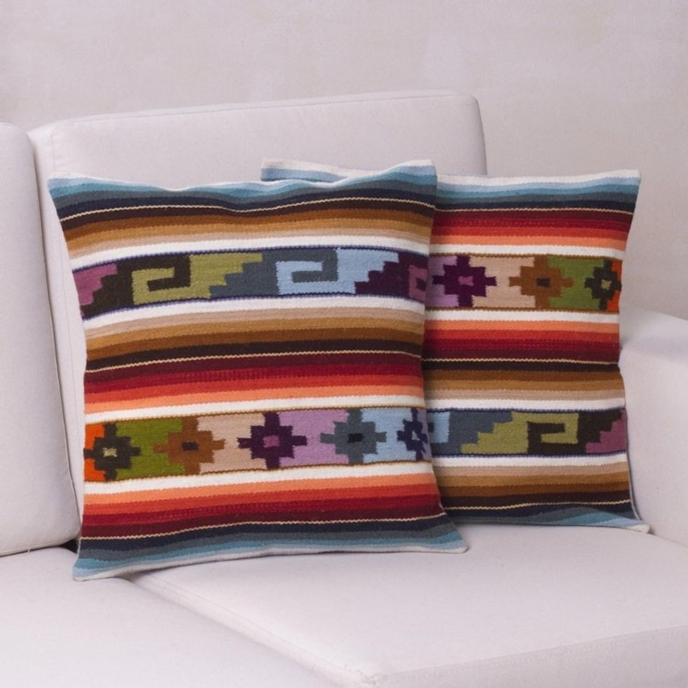 Hand Made Wool Patterned Cushion Covers Pair 'Sunset Temple'