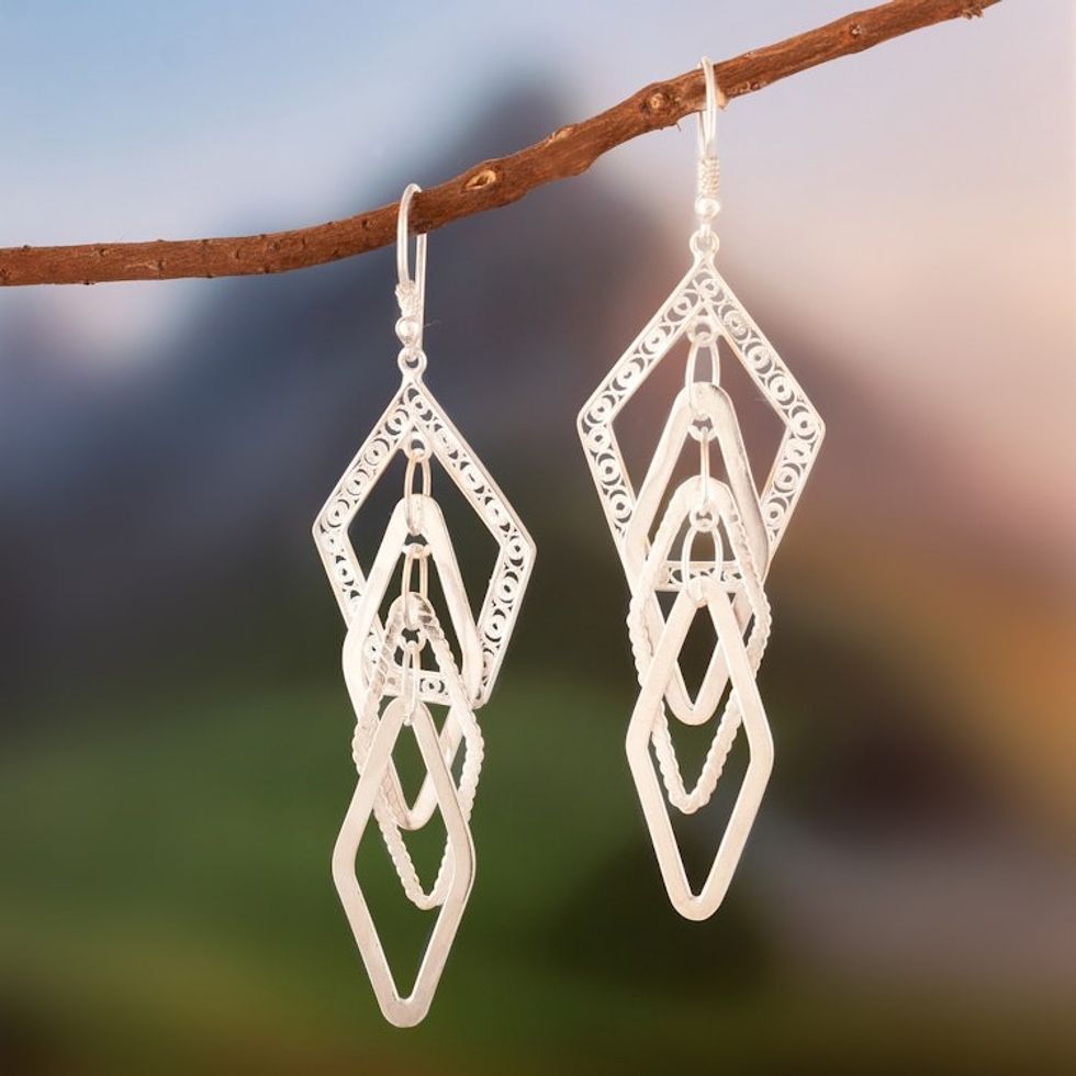 Sterling Silver Dangle Earrings Handcrafted in Peru 'Filigree Diamonds'