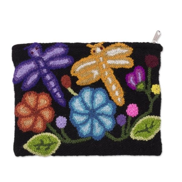 Alternate image for Dragonfly Pattern Embroidered Wool Clutch from Peru Dragonflies in Nature