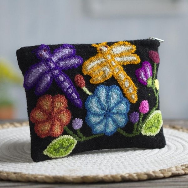 Alternate image for Dragonfly Pattern Embroidered Wool Clutch from Peru Dragonflies in Nature