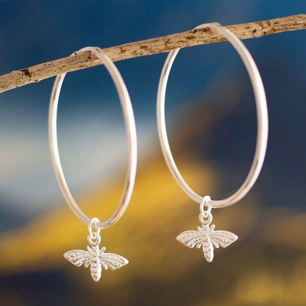 Andean Sterling Silver Hoop Earrings with Bees 'Sweet Bees'