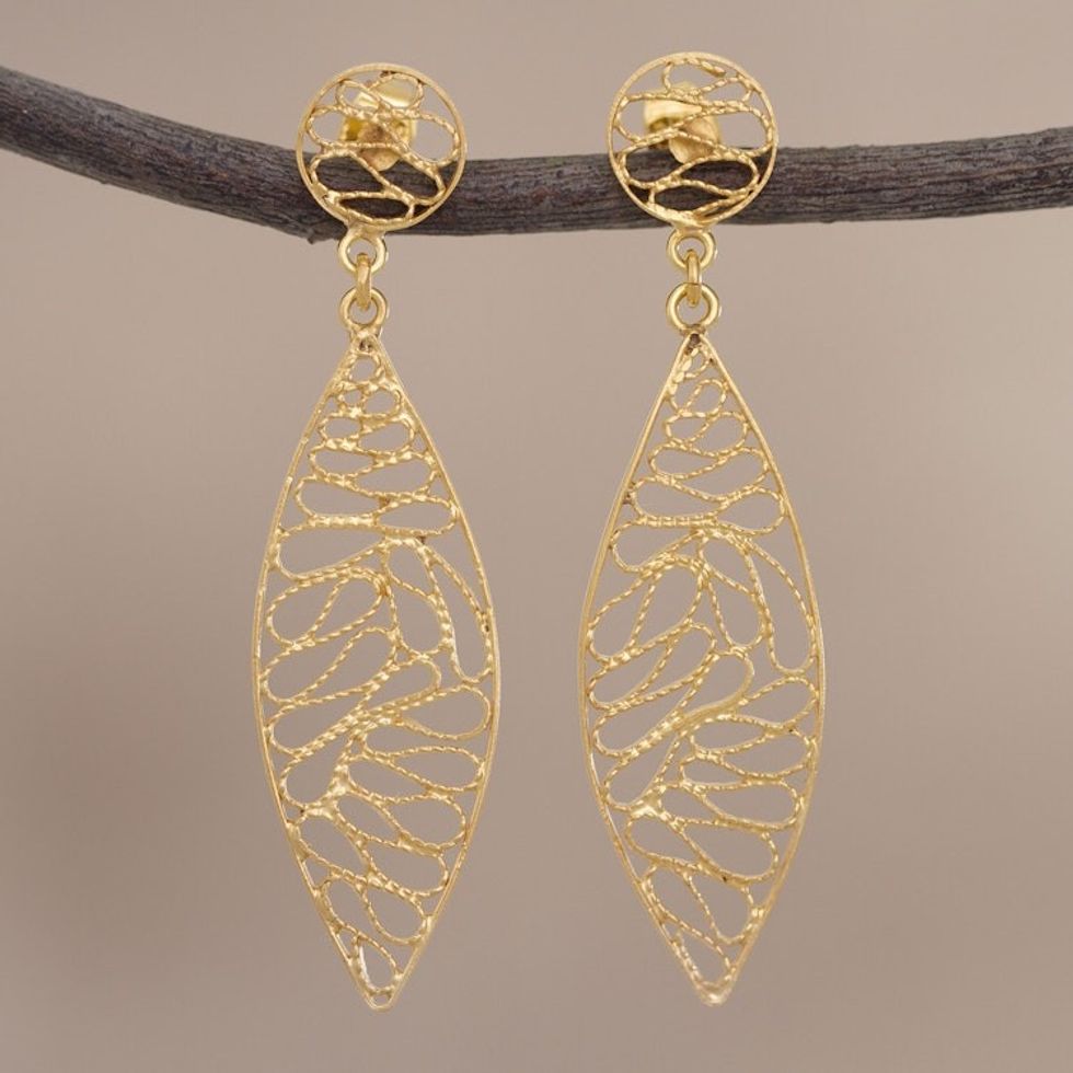 Gold Plated Silver Filigree Dangle Earrings from Peru 'Glistening Waves'