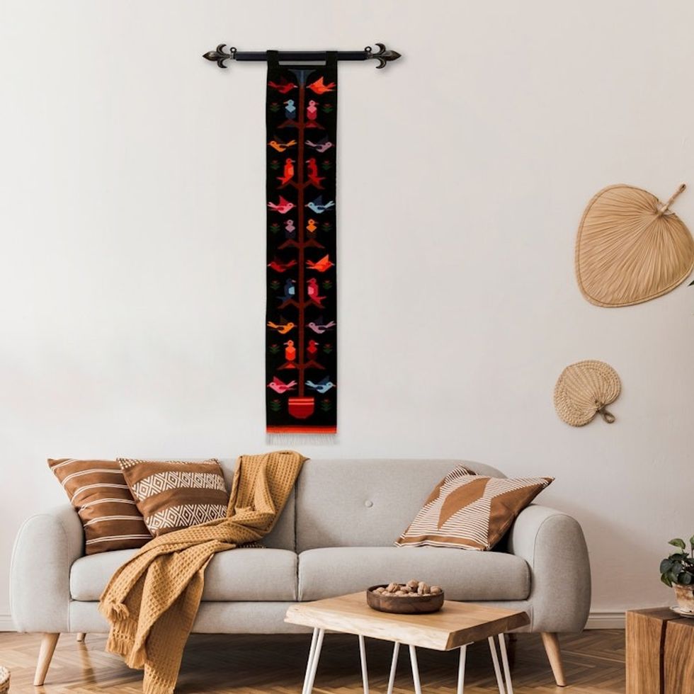 Andean Birds on Black Handwoven Wool Tapestry 'Swallows in the Night'