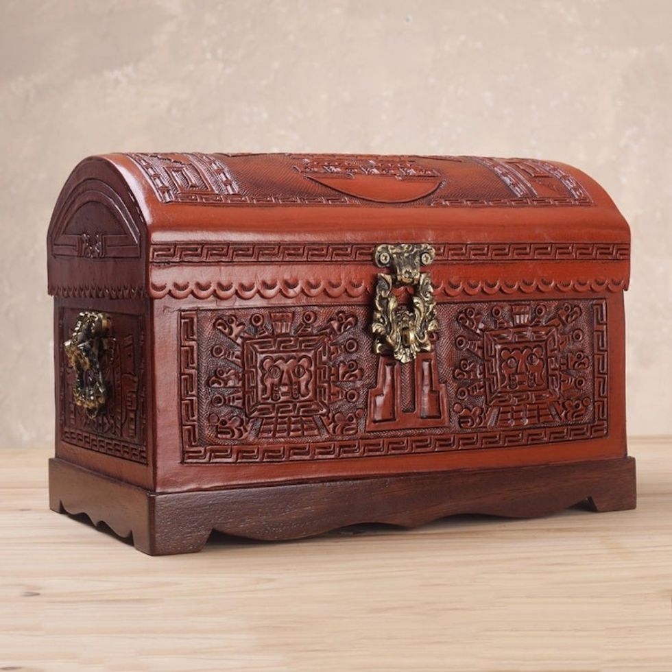 Handcrafted Wood and Leather Decorative Box with Bronze 'Tumi Ceremony'