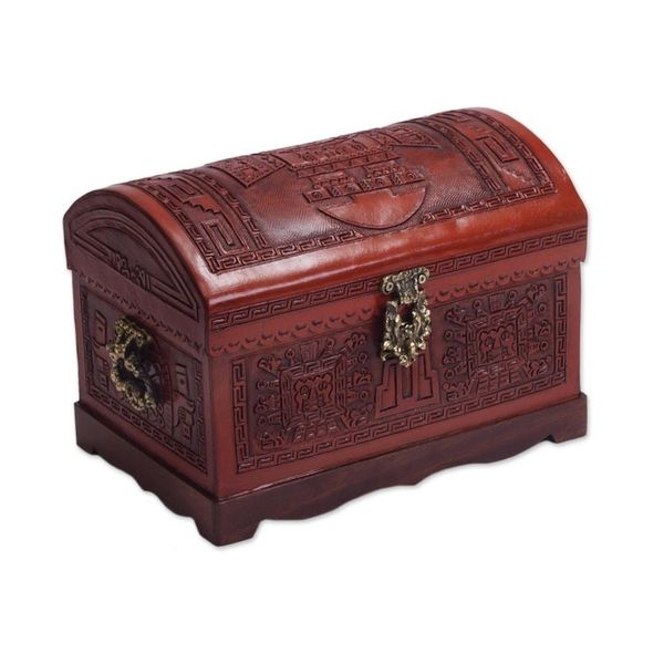 Alternate image for Handcrafted Wood and Leather Decorative Box with Bronze Tumi Ceremony