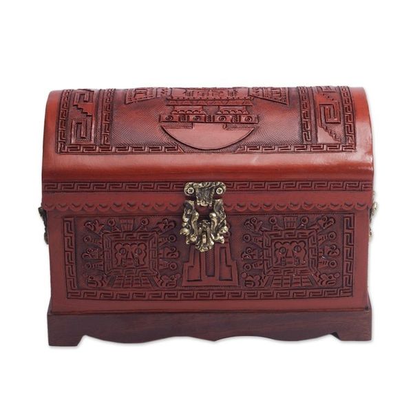Alternate image for Handcrafted Wood and Leather Decorative Box with Bronze Tumi Ceremony