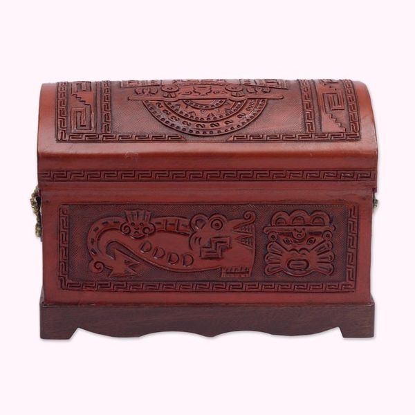 Alternate image for Handcrafted Wood and Leather Decorative Box with Bronze Tumi Ceremony