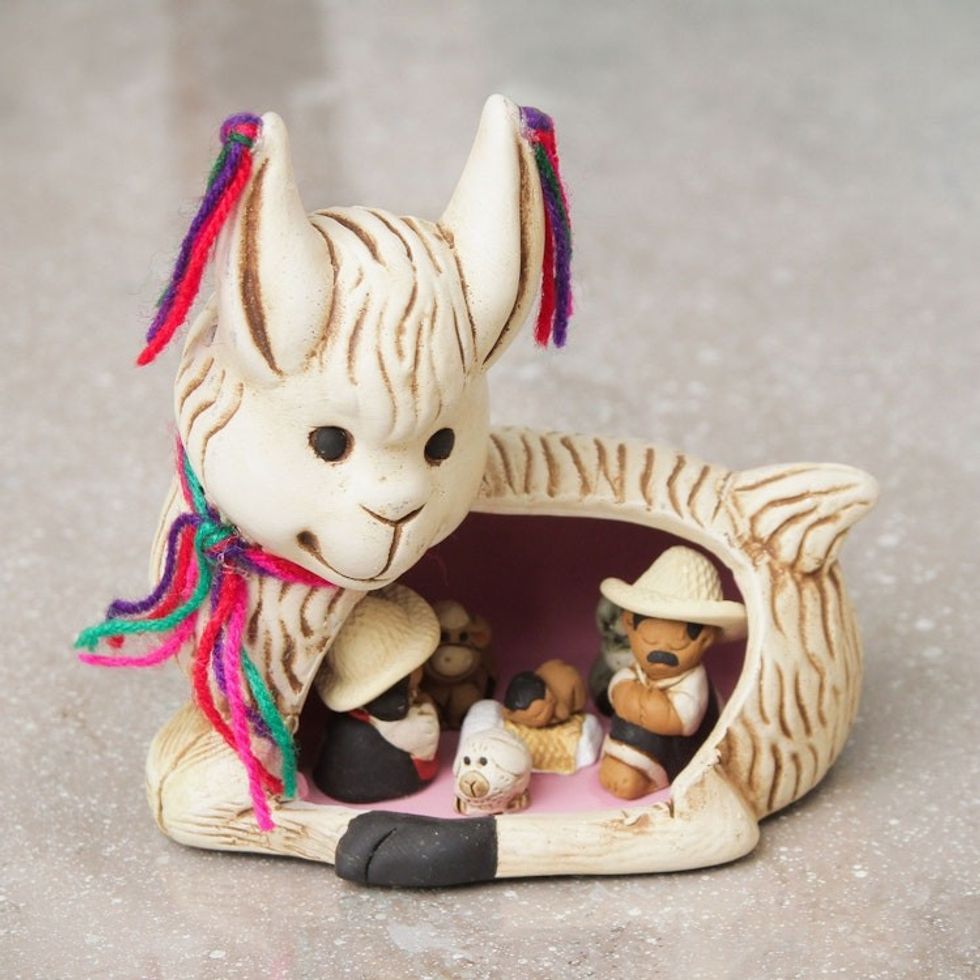Hand-Painted Llama-Themed Ceramic Nativity Scene from Peru 'Llama Love'