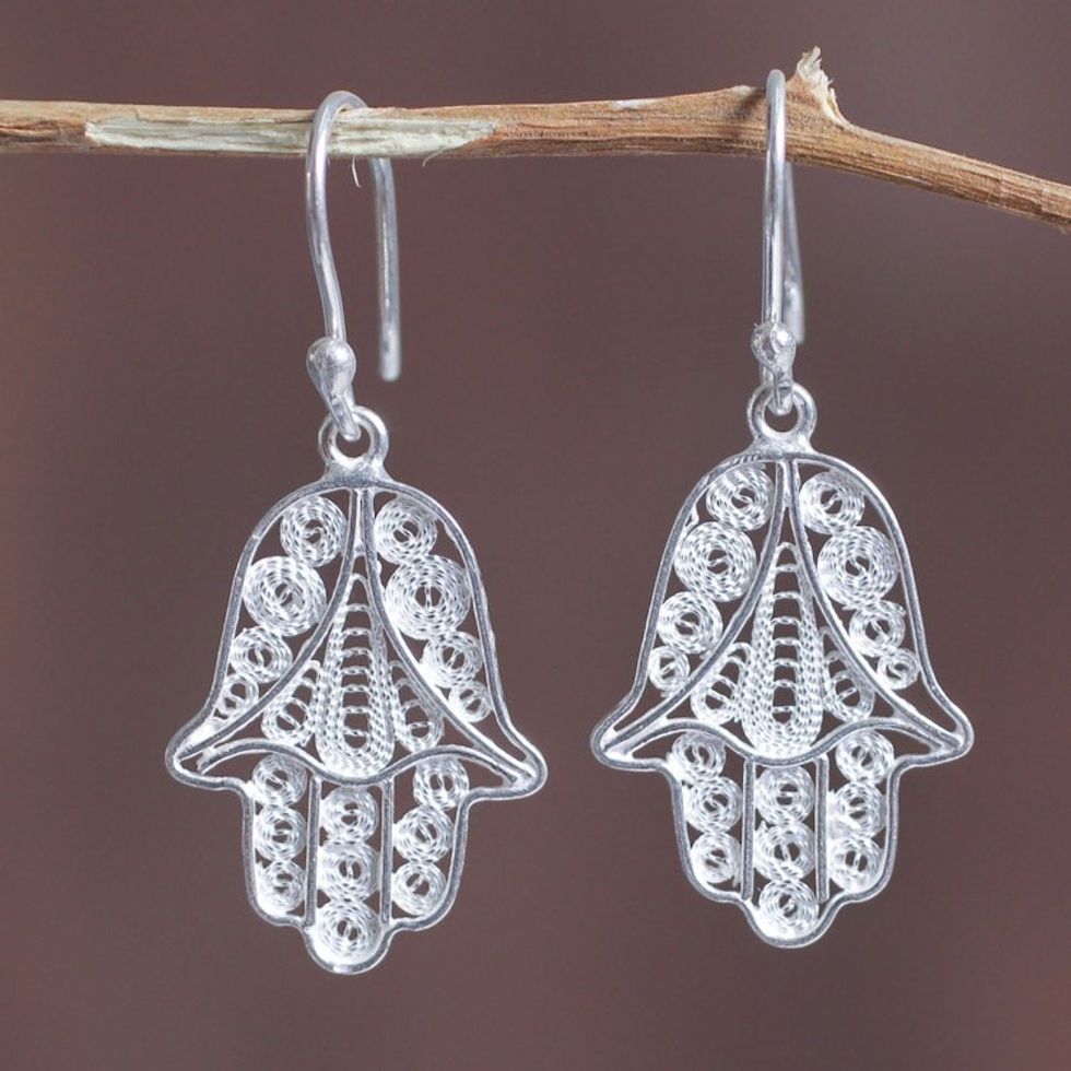 Artisan Crafted Sterling Filigree Hamsa Symbol Earrings 'Hamsa Symbol'