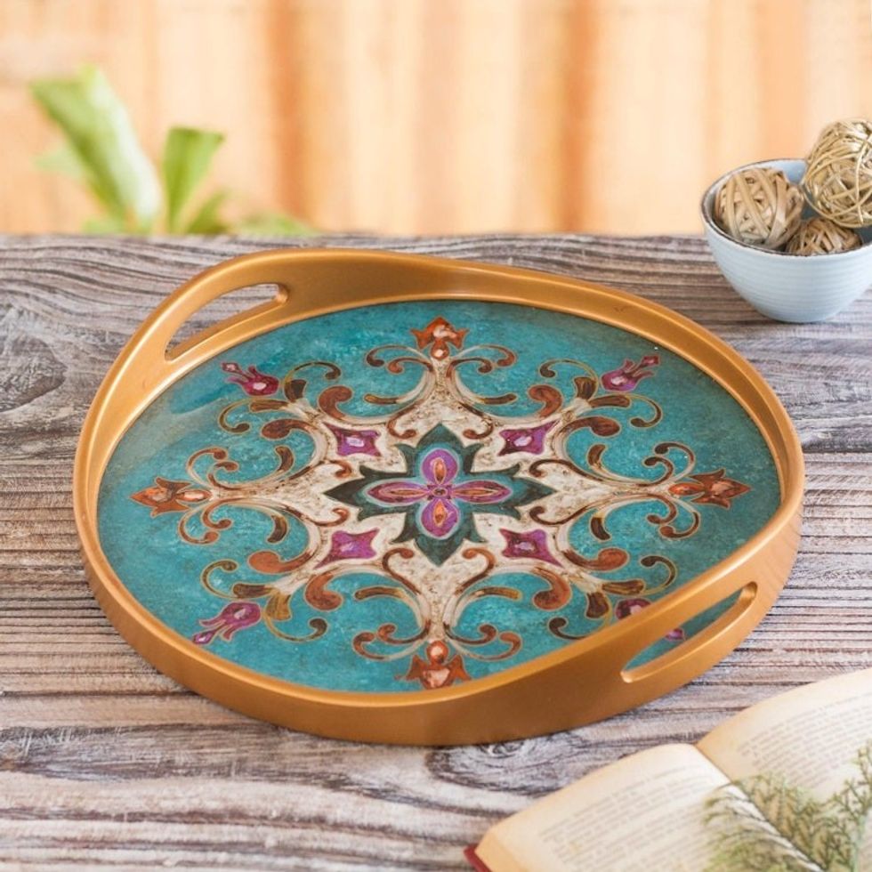 Reverse Painted Glass and Wood Turquoise Floral Round Tray 'Colonial Elegance'