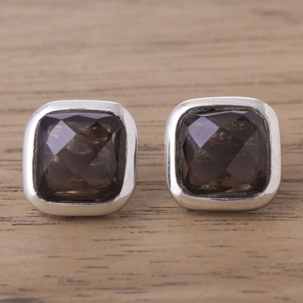 Square Smoky Quartz Button Earrings from Peru 'Square Treasures'