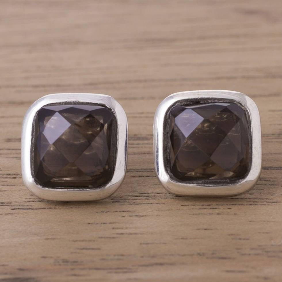 Square Smoky Quartz Button Earrings from Peru 'Square Treasures'