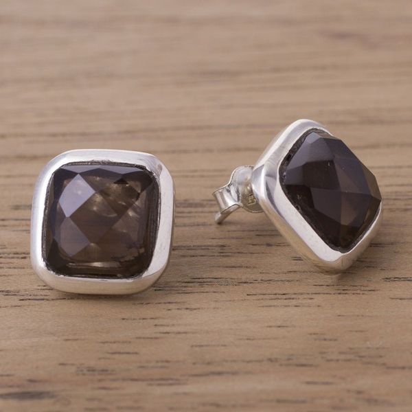 Alternate image for Square Smoky Quartz Button Earrings from Peru Square Treasures
