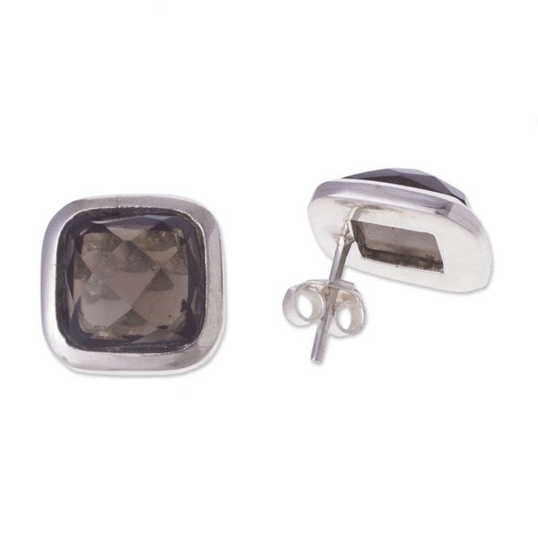 Alternate image for Square Smoky Quartz Button Earrings from Peru Square Treasures