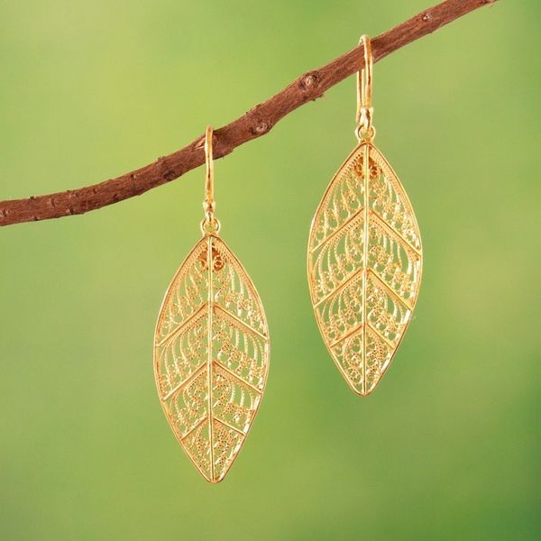 Alternate image for 24k Gold Plated Sterling Silver Filigree Dangle Earrings Mystery of the Forest