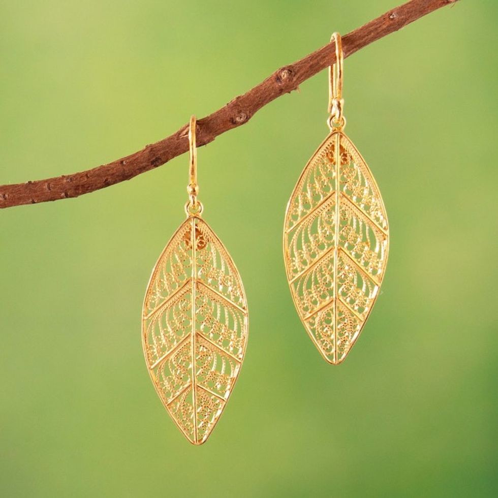 24k Gold Plated Sterling Silver Filigree Dangle Earrings 'Mystery of the Forest'