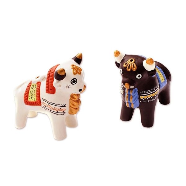 Alternate image for Ornate Brown and White Andean Bull Figurines Pair Little Bulls of Pucara