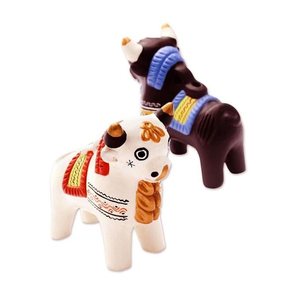 Alternate image for Ornate Brown and White Andean Bull Figurines Pair Little Bulls of Pucara