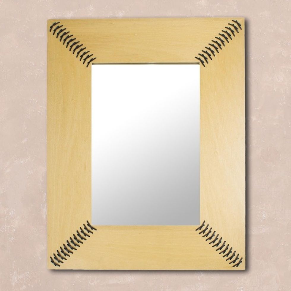 Contemporary Modern Leather-Accented Wood Wall Mirror 'Shoelace'