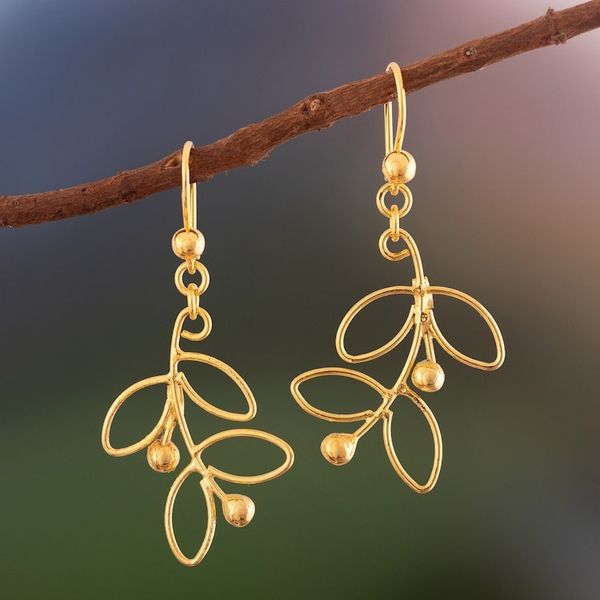 Alternate image for Leafy 18k Gold Plated Sterling Silver Dangle Earrings Airy Leaves