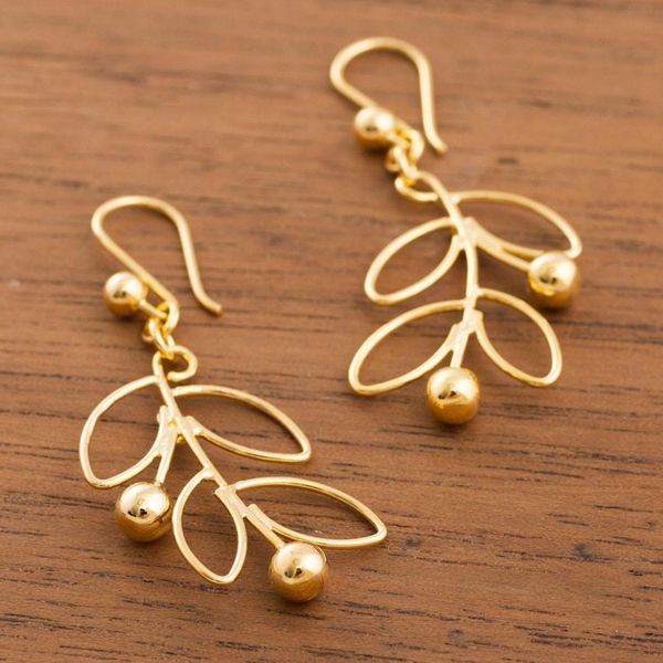 Alternate image for Leafy 18k Gold Plated Sterling Silver Dangle Earrings Airy Leaves