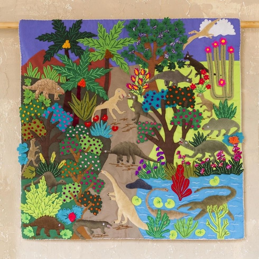 Dinosaur-Themed Cotton Blend Patchwork Wall Hanging 'Pre-Historic Land'