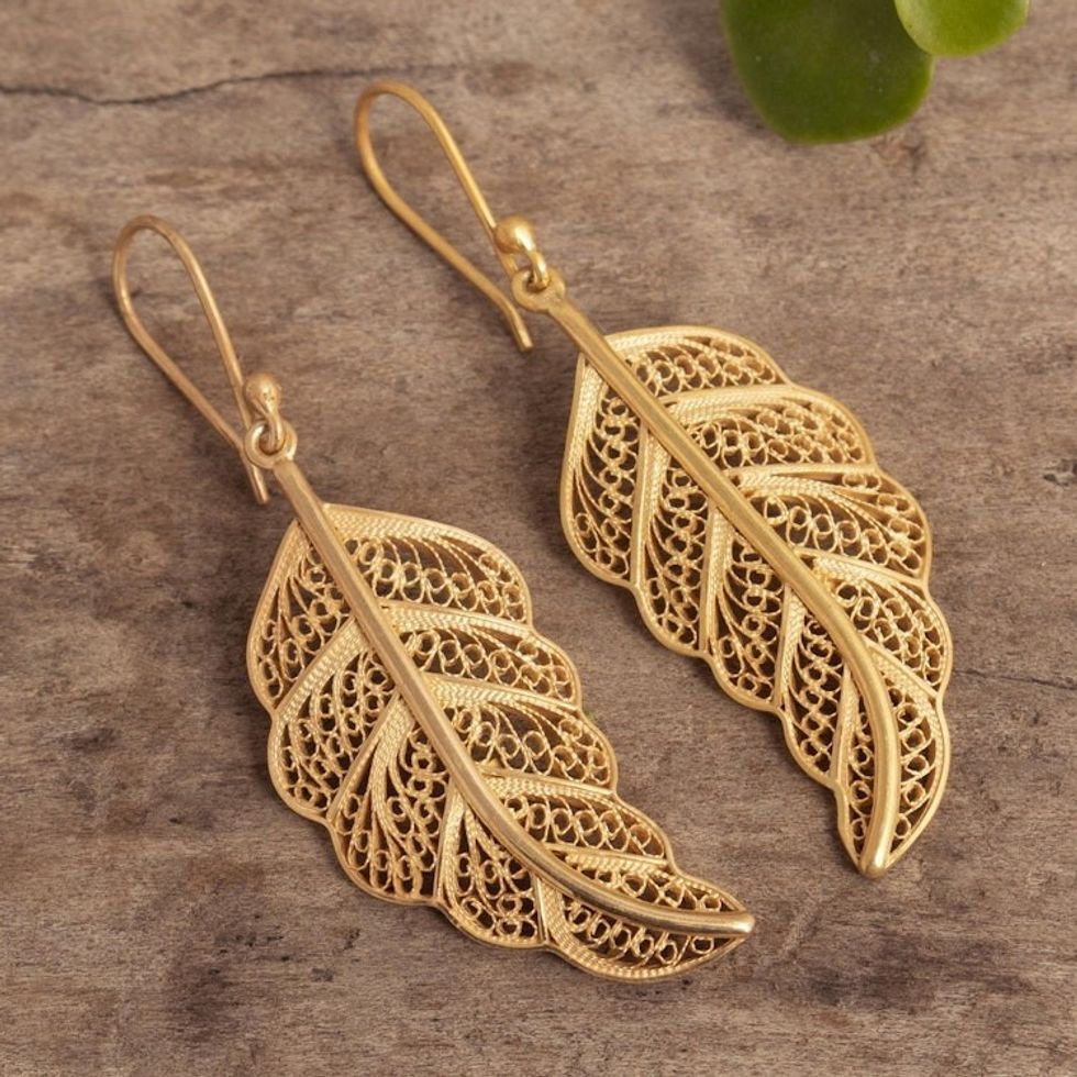 24k Gold-Plated Filigree Leaf Earrings 'Regal Leaves'