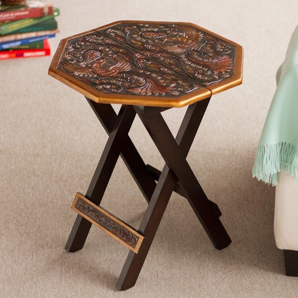 Peruvian Animal Themed Leather Wood Folding Table 'Octagonal Birds of Paradise'