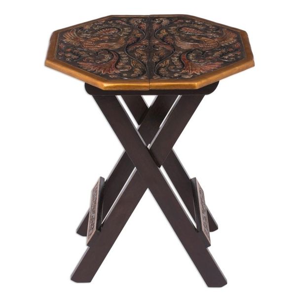 Alternate image for Peruvian Animal Themed Leather Wood Folding Table Octagonal Birds of Paradise