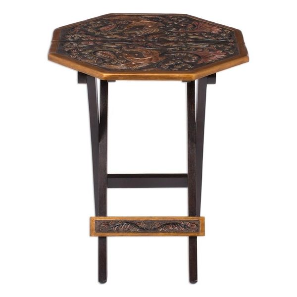 Alternate image for Peruvian Animal Themed Leather Wood Folding Table Octagonal Birds of Paradise