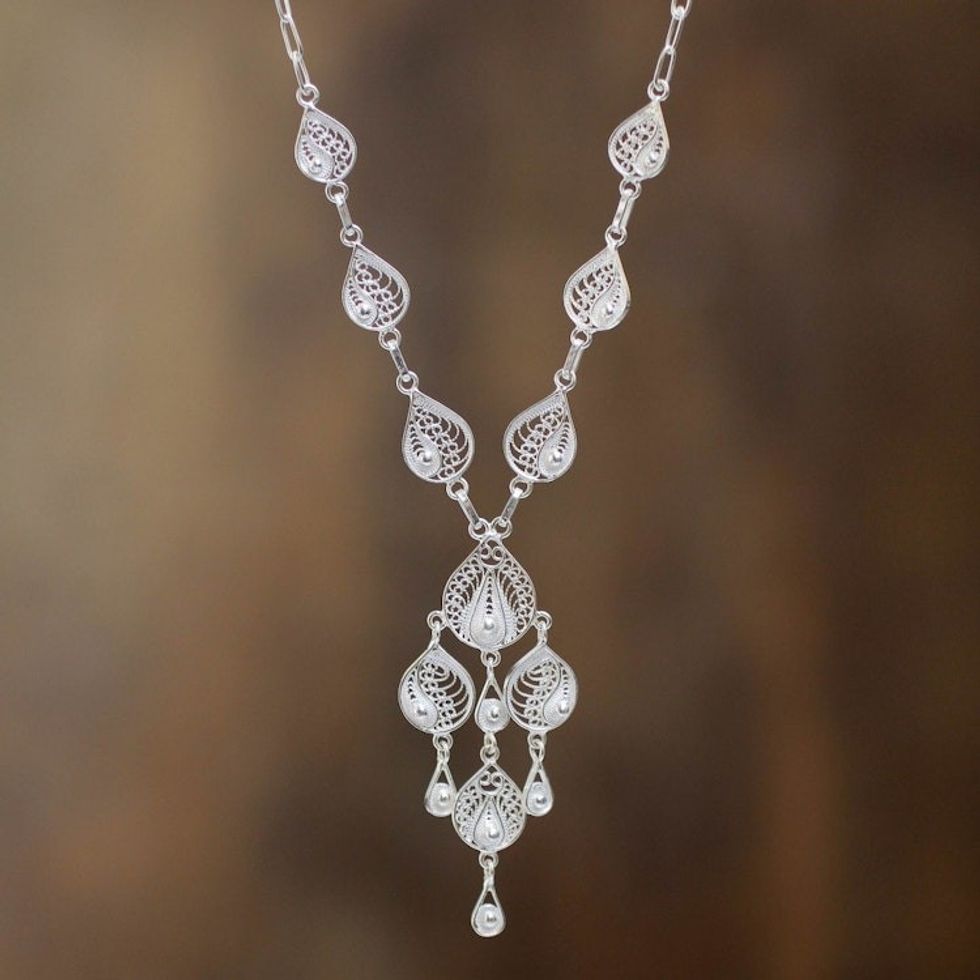 Artisan Crafted Y-Necklace in Sterling Silver Filigree Art 'Sunrise Dew'