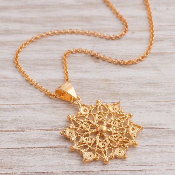 Alternate image for 24k Gold Plated Sterling Silver Filigree Mandala Necklace Gleaming Mandala