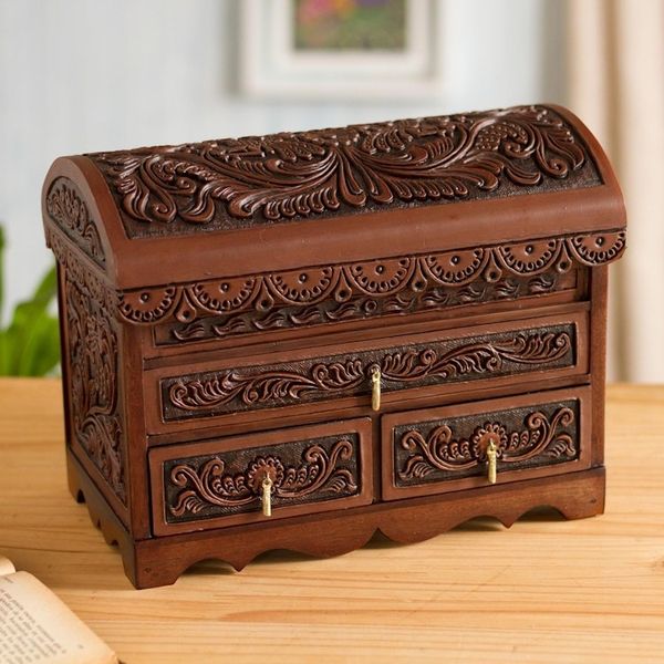 Alternate image for Bird Pattern Leather and Cedar Wood Jewelry Chest from Peru Impressive Birds