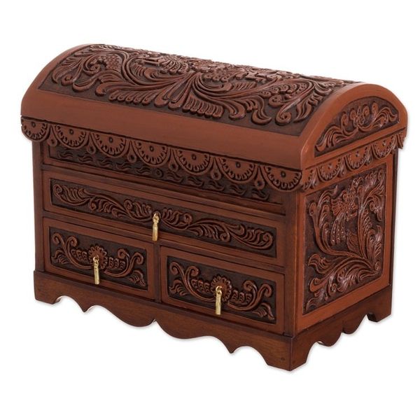 Alternate image for Bird Pattern Leather and Cedar Wood Jewelry Chest from Peru Impressive Birds