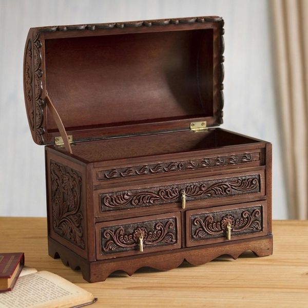 Alternate image for Bird Pattern Leather and Cedar Wood Jewelry Chest from Peru Impressive Birds