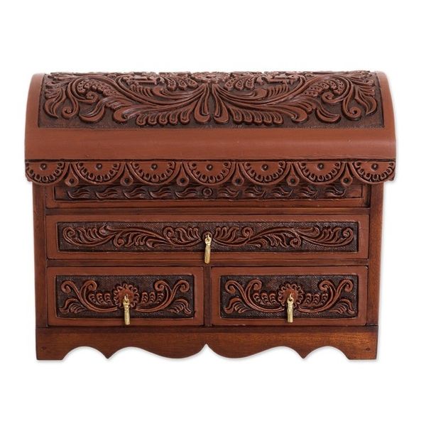 Alternate image for Bird Pattern Leather and Cedar Wood Jewelry Chest from Peru Impressive Birds