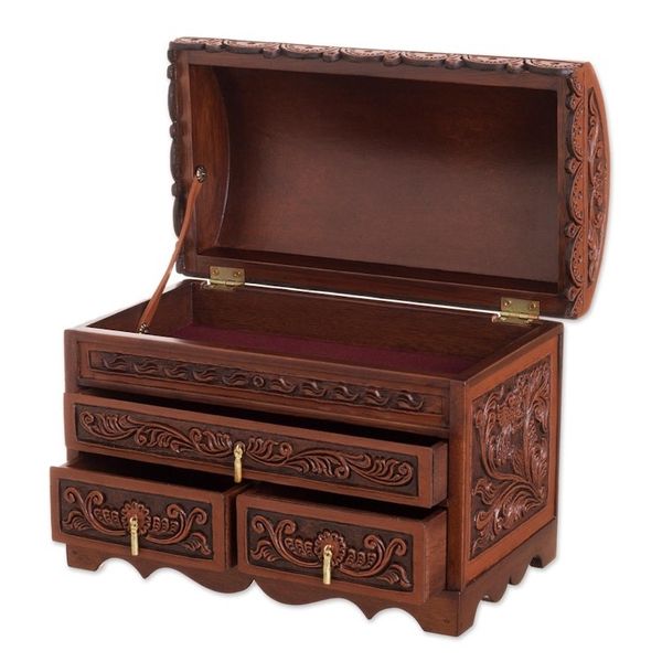 Alternate image for Bird Pattern Leather and Cedar Wood Jewelry Chest from Peru Impressive Birds