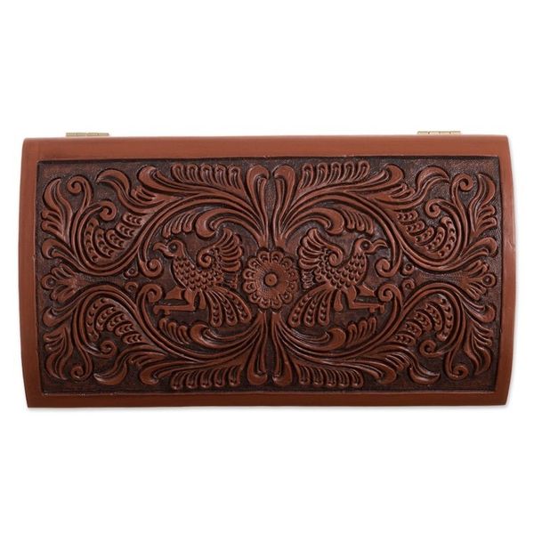 Alternate image for Bird Pattern Leather and Cedar Wood Jewelry Chest from Peru Impressive Birds
