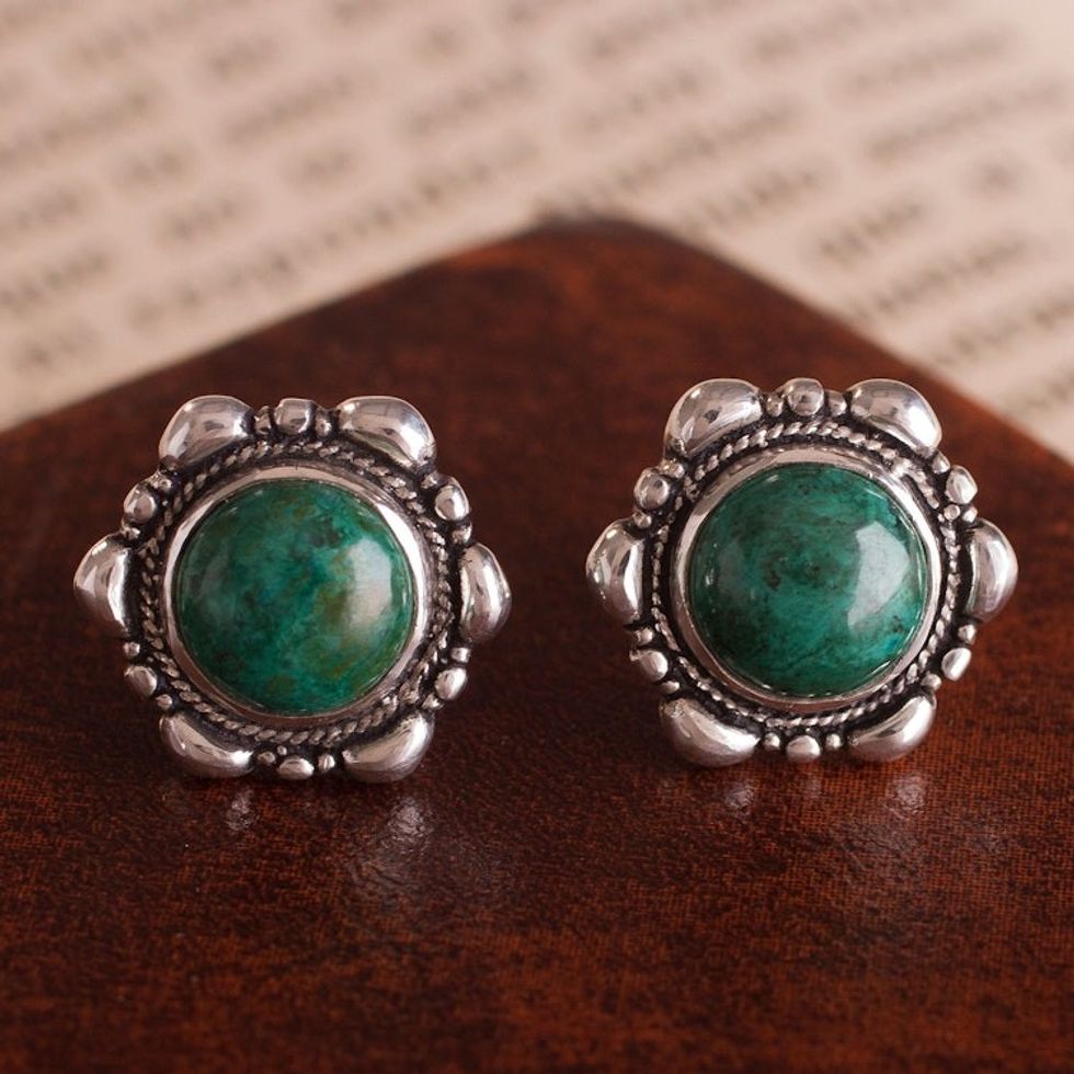 Artisan Crafted Chrysocolla Button Earrings from Peru 'Divine Green'