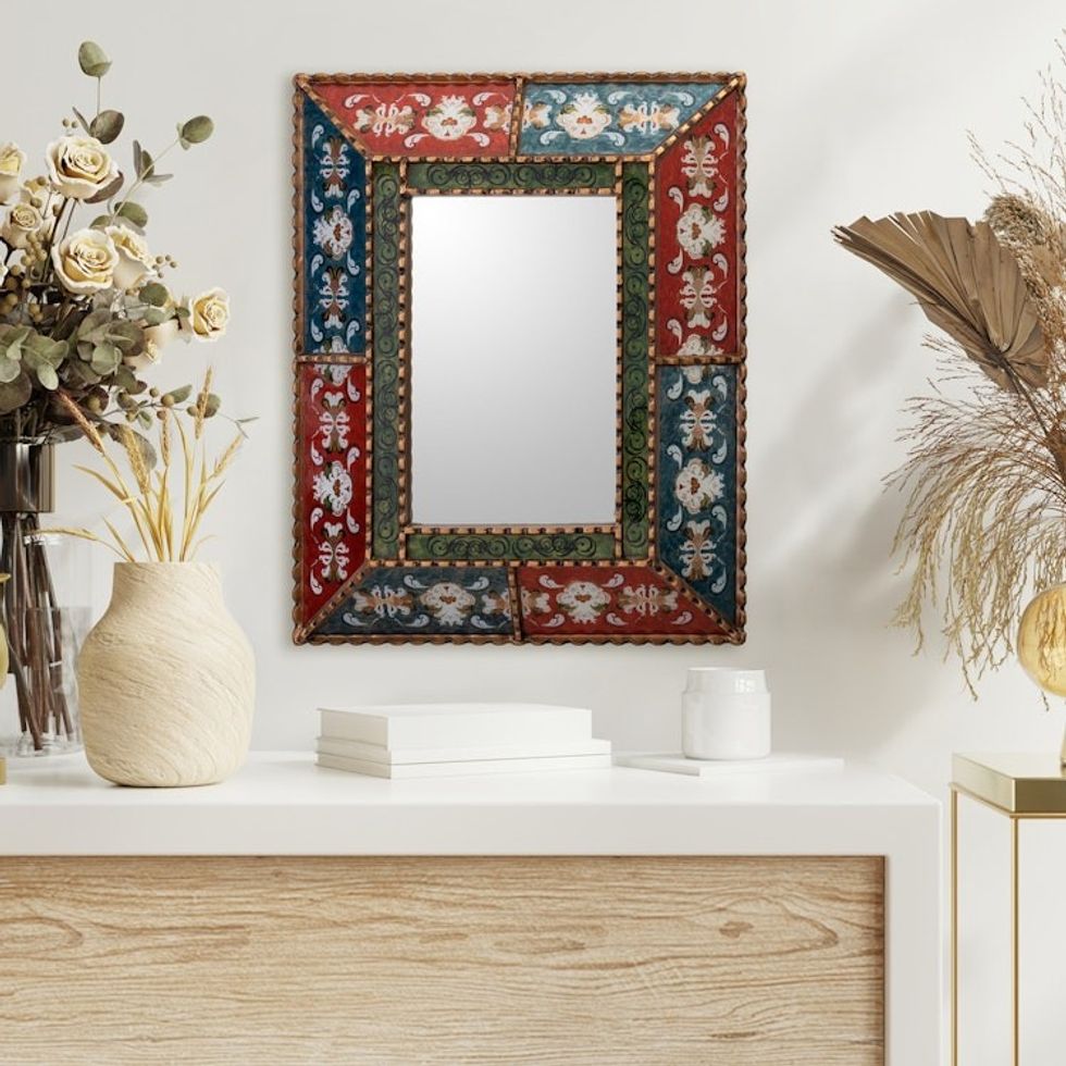Red and Green Colonial Style Reverse Painted Glass Mirror 'Red and Green Colonial Garden'