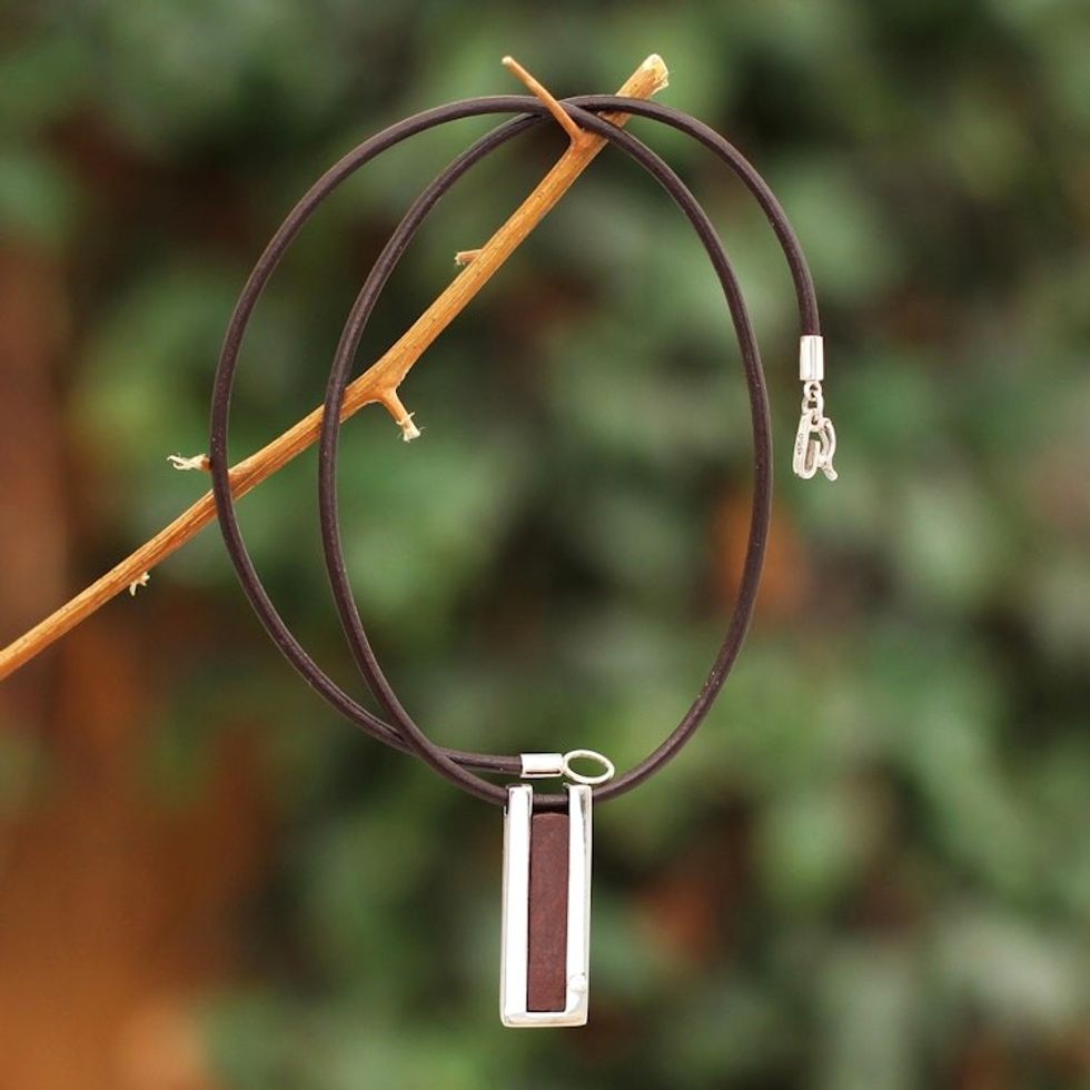Modern Sterling Silver and Leather Pendant Necklace 'Brown Quechua Minimalist'