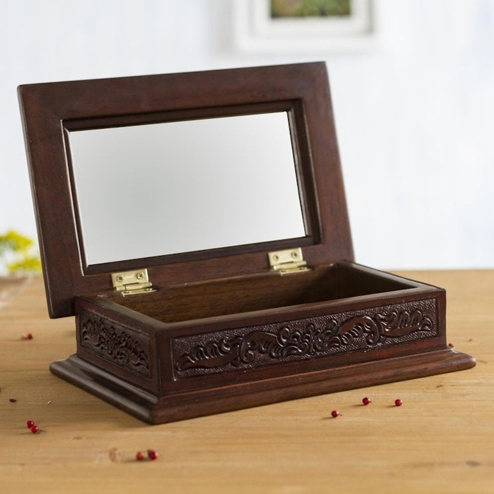 Handcrafted Colonial Wood and Leather Jewelry Box 'Andean Details'