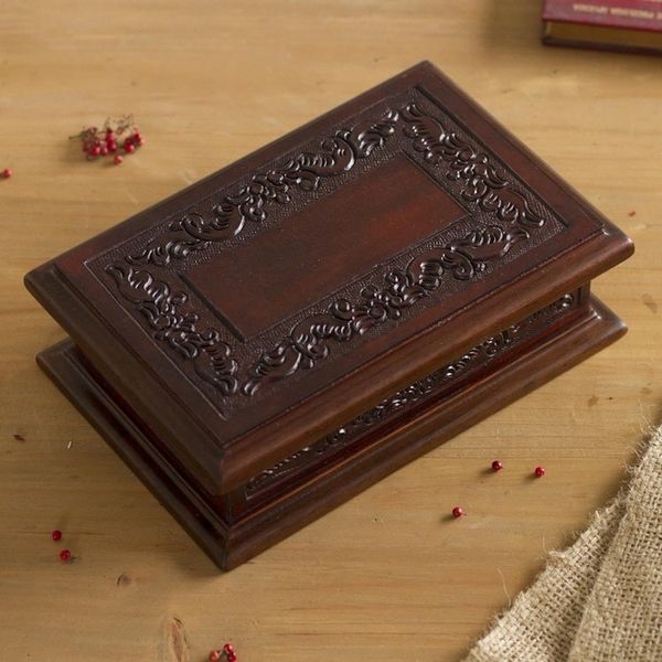 Alternate image for Handcrafted Colonial Wood and Leather Jewelry Box Andean Details