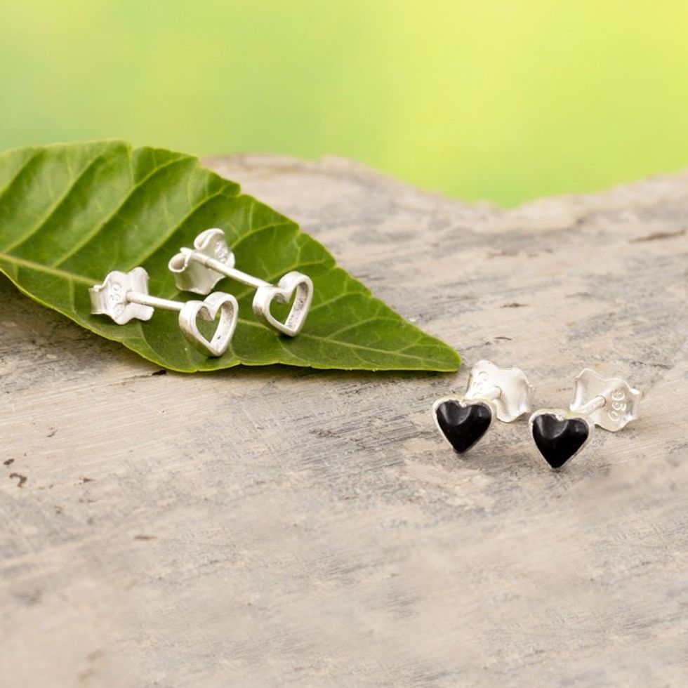 Two Pairs of Stud Earrings in 950 Silver 'Open Heart, Full Heart'